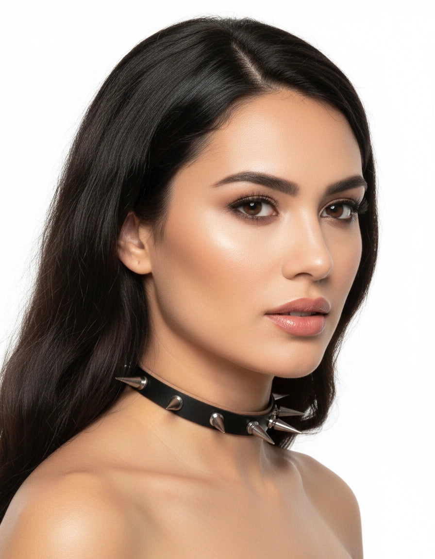 Black faux leather-look spiked choker with silver-tone pyramid studs, front view