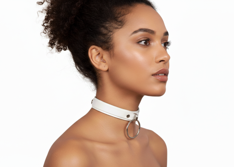 Wide BDSM Collar Leather O-Ring Submissive Collar - back view