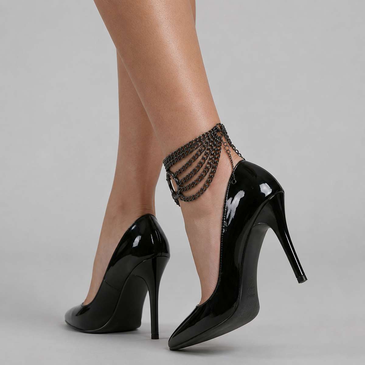 Gothic black chain anklet cuff back angle with layered chains