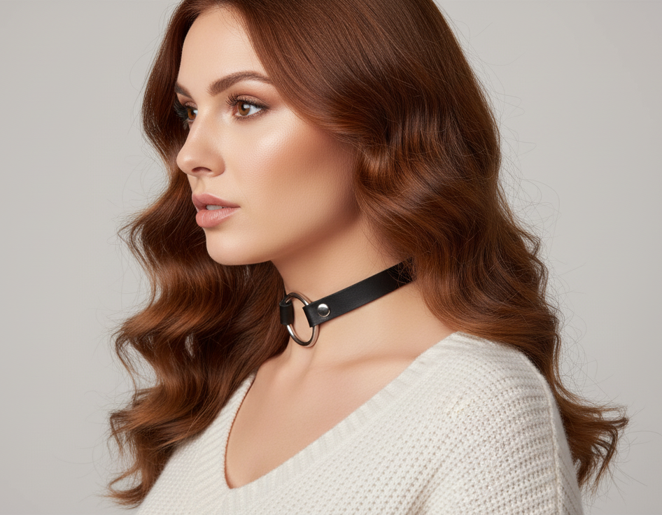 O-Ring Leather Choker Gothic BDSM Collar - detail view