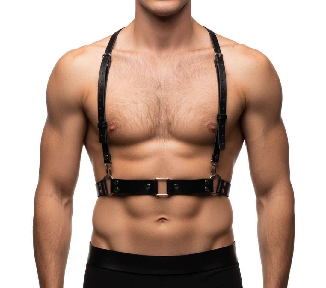 Men's black faux leather bulldog harness with thin straps and ring hardware, close-up