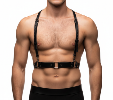Close-up detail of classic bulldog harness construction showing thin leather straps metal O-rings and adjustable buckles on chest