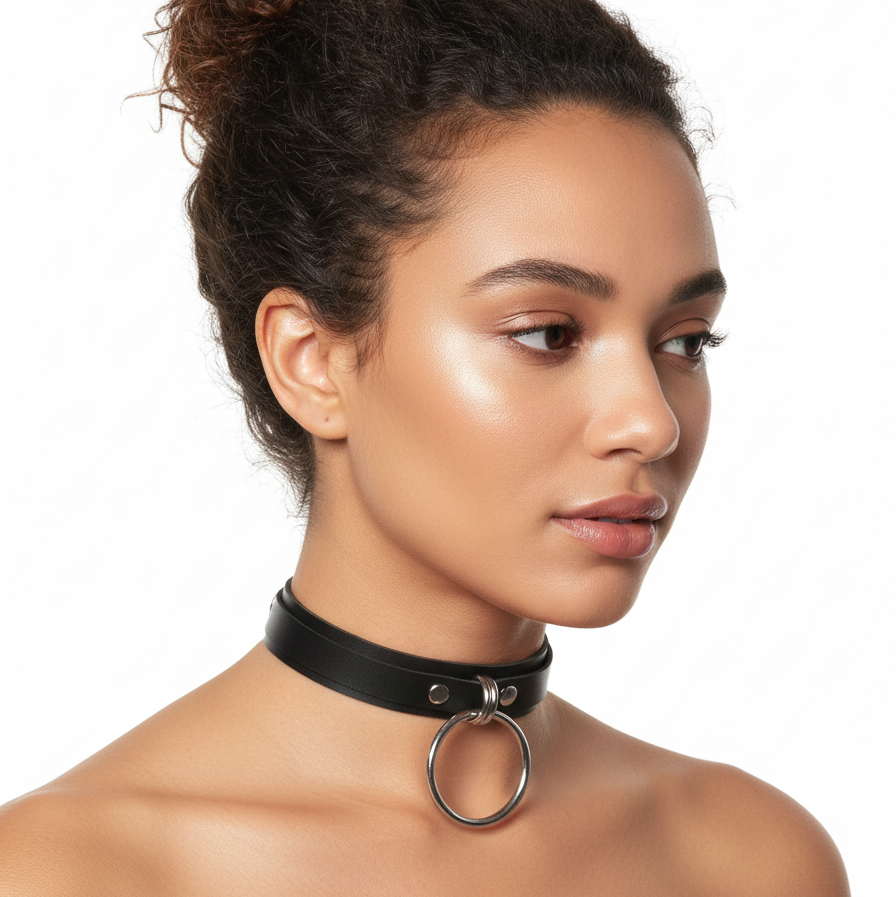 Wide BDSM Collar Leather O-Ring Submissive Collar - worn on model