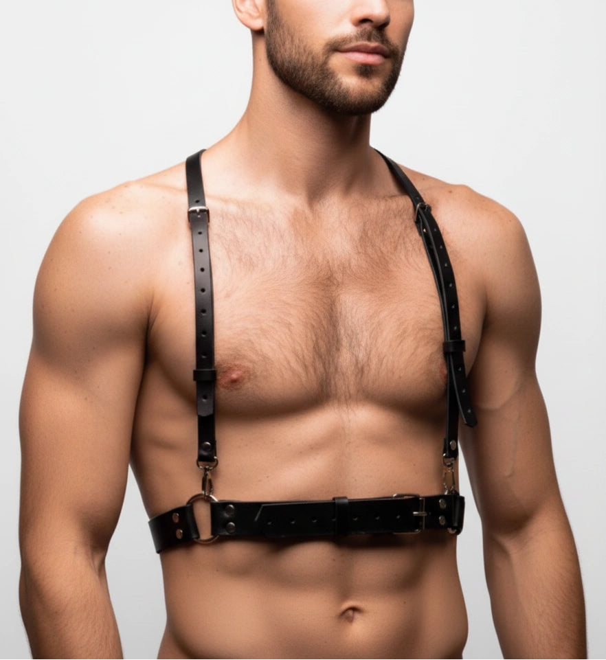 Men's black bulldog harness with warm metal-tone buckles, front detail