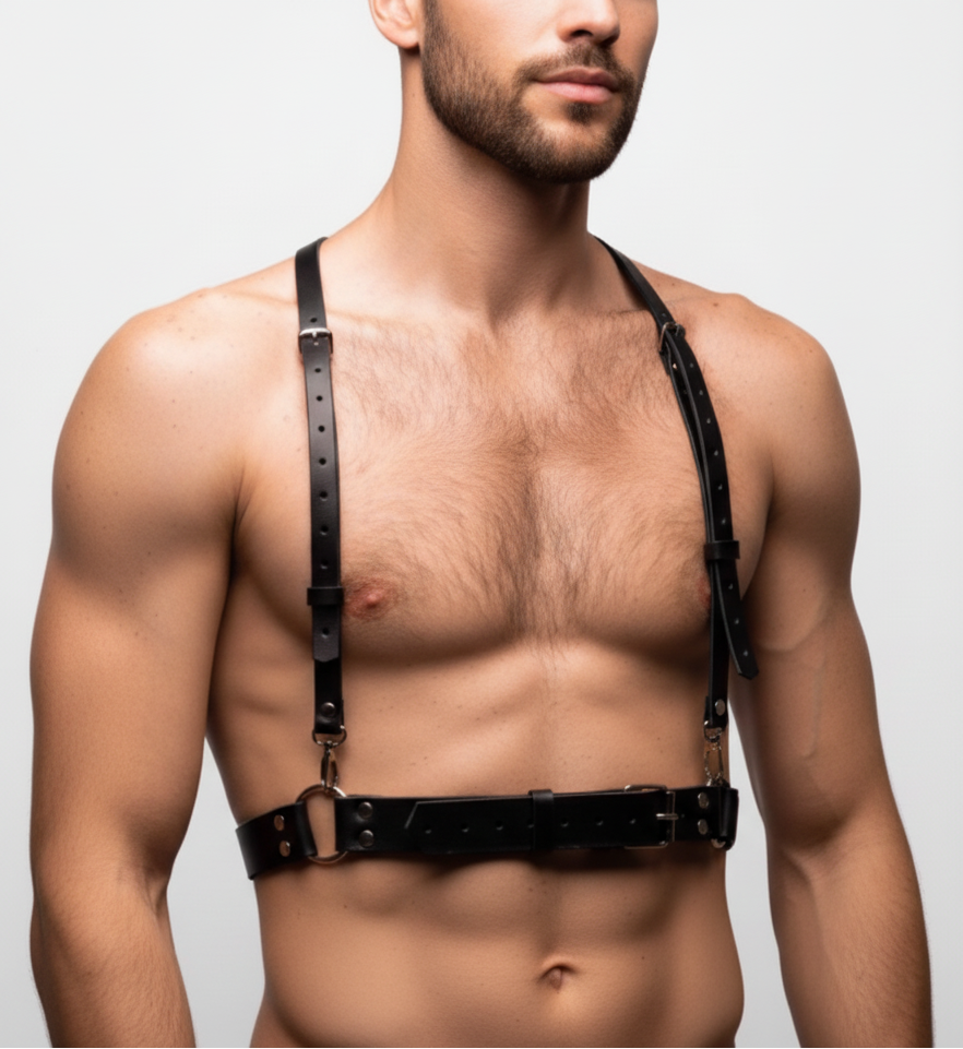 Detailed view of mens bulldog harness premium black leather straps with gold metal buckles and center chest connector