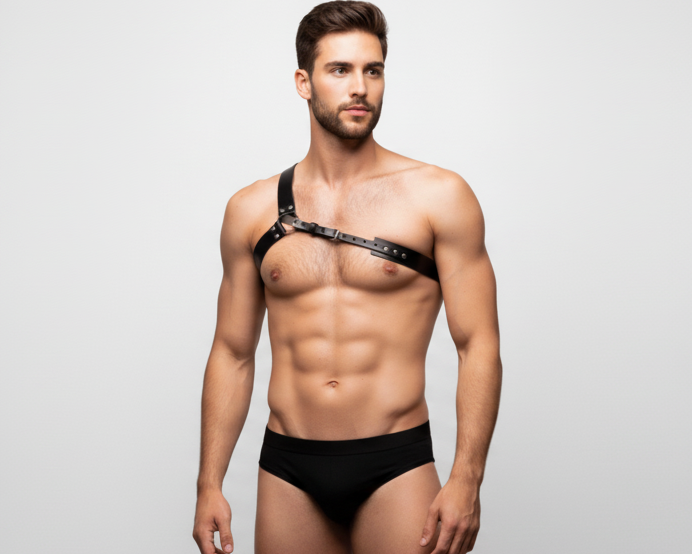 Full body front view of asymmetric fashion harness for men with single left shoulder strap and adjustable diagonal chest band