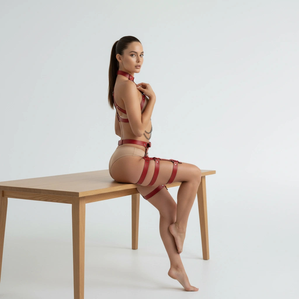 Red full body harness lingerie showing rear chest straps, waist belt and thigh bands, seated side view