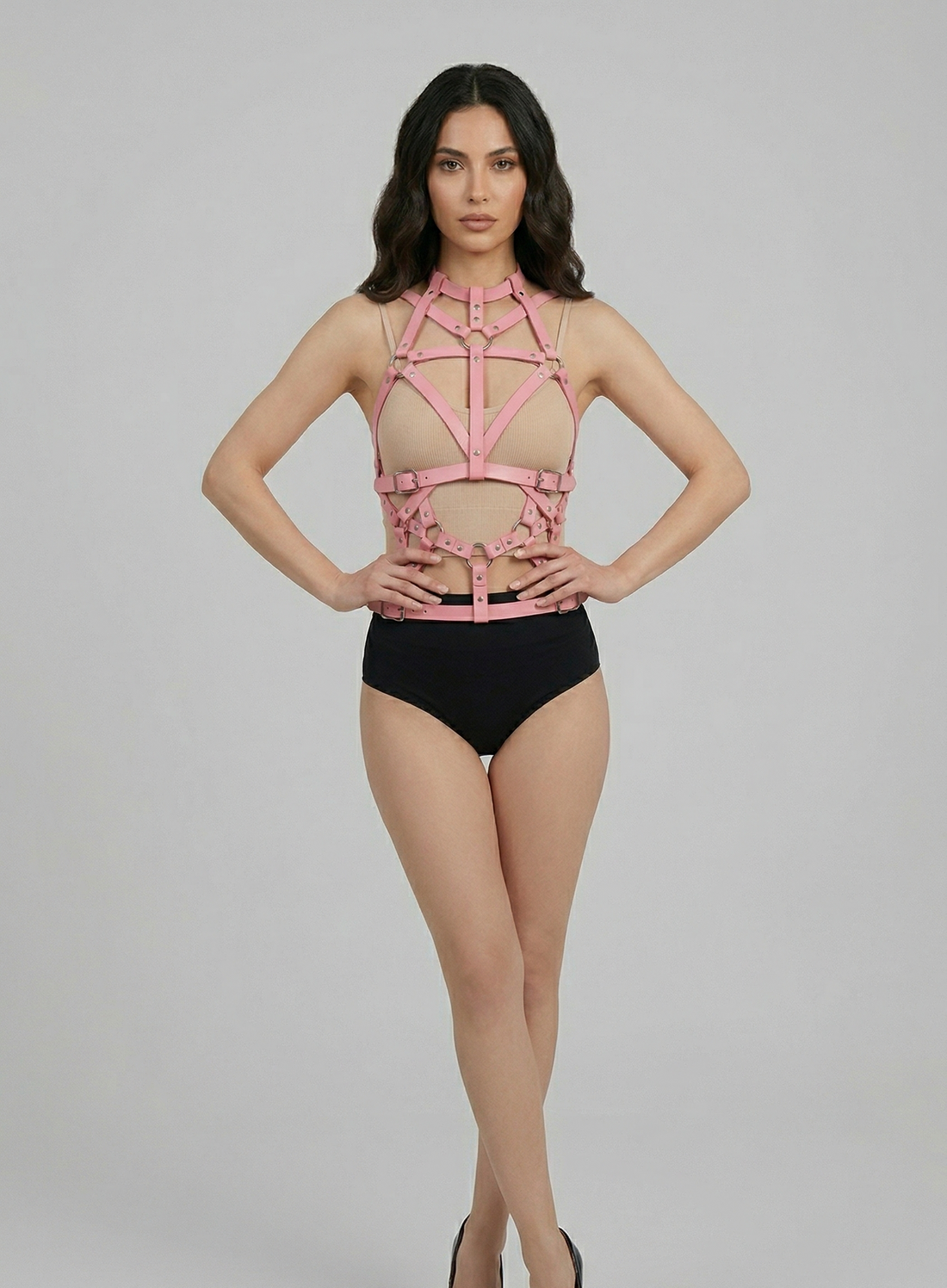 Hot pink vibrant leather cage strap harness for festivals