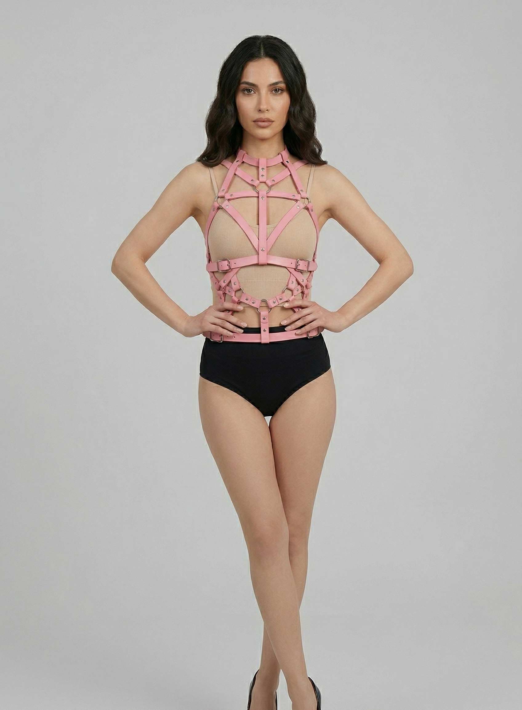 Hot pink vibrant leather cage strap harness for festivals