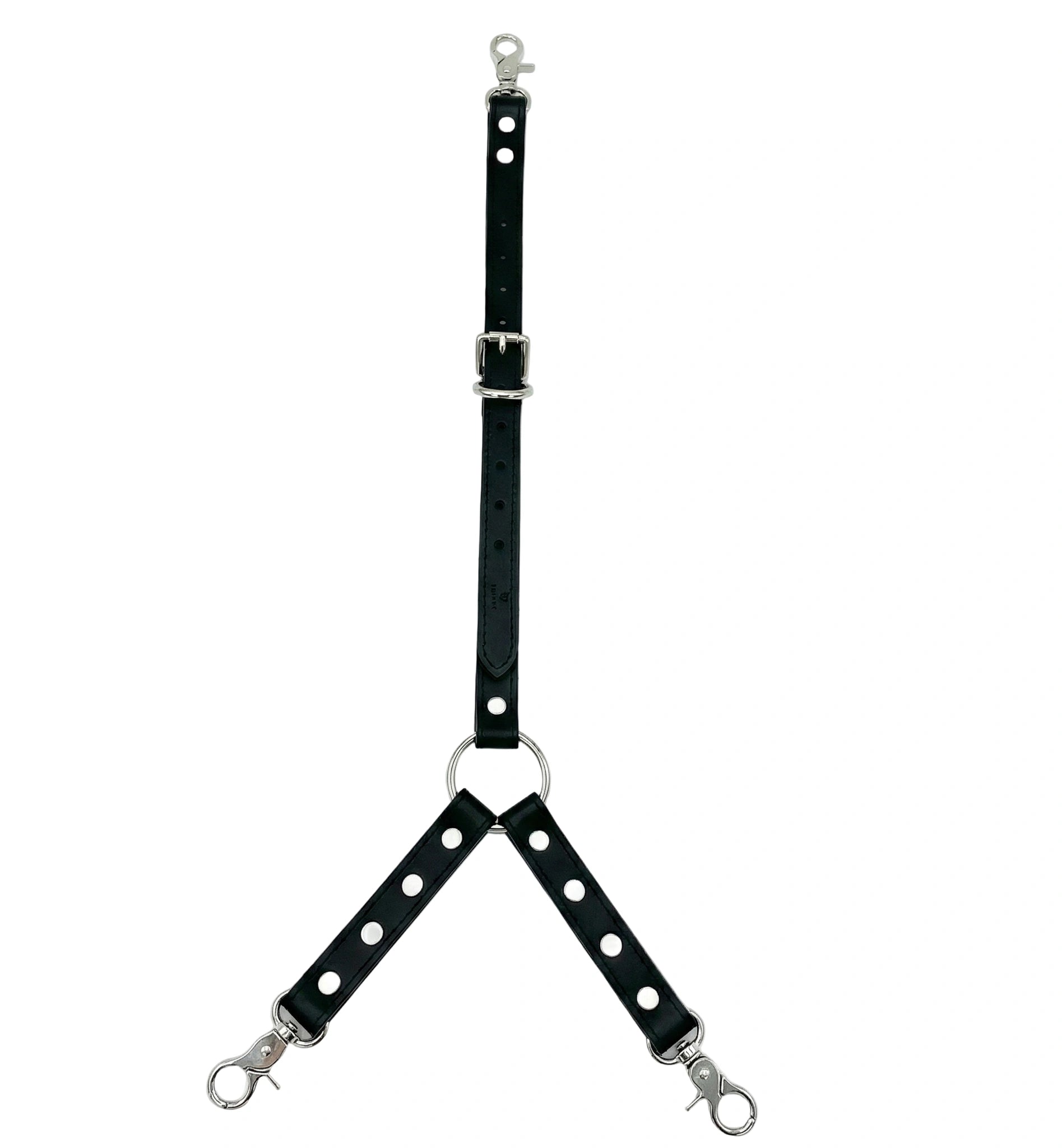 Black faux leather Y-connector strap with buckle, D-ring and three silver-tone snap hooks