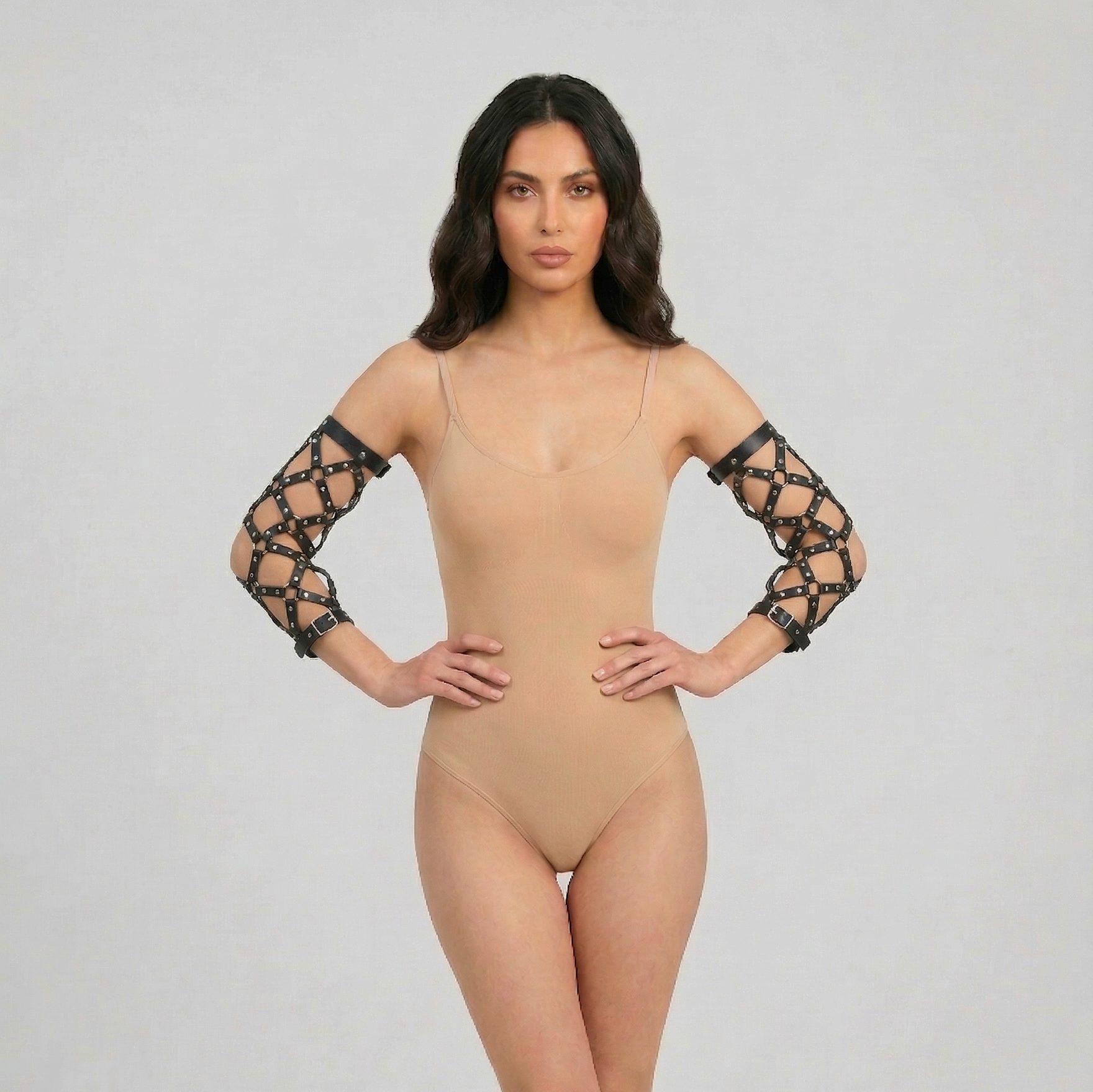 Leather arm cage harness with lattice strap upper arm accessory