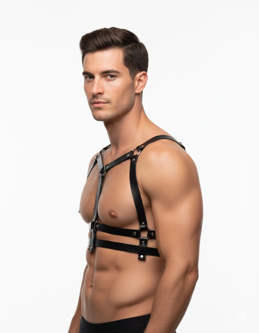 Men's double-band faux leather torso harness, three-quarter view