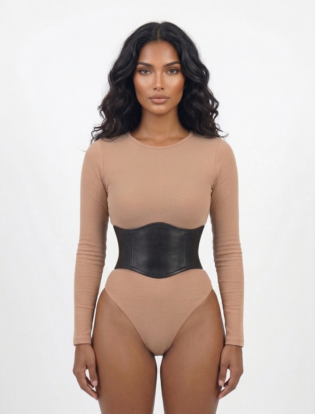 Leather corset belt front view - wide black underbust waist cincher worn over bodysuit showing smooth front panel