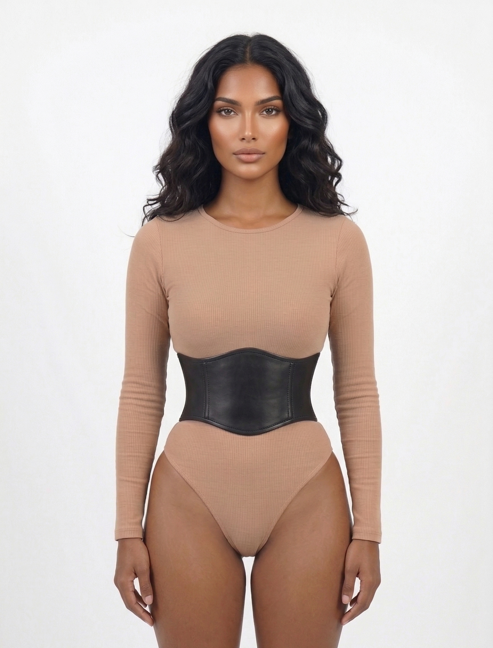 Leather corset belt front view - wide black underbust waist cincher worn over bodysuit showing smooth front panel