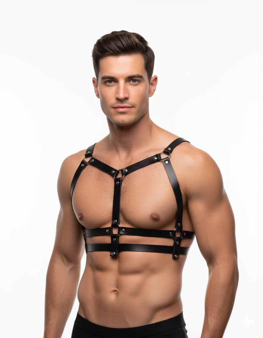 Men wearing a black faux leather double-band chest harness, front view