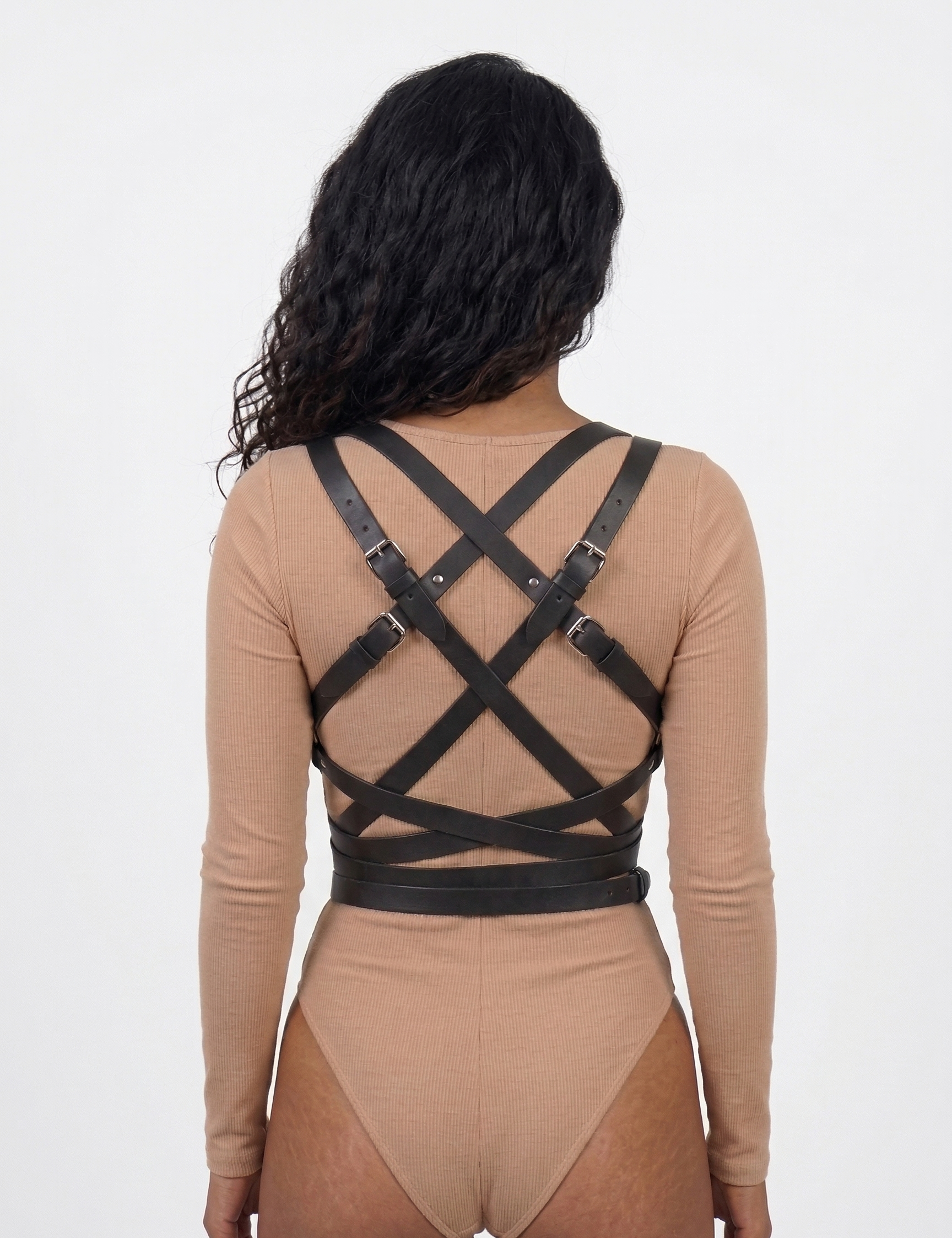 Wrap harness back view - faux leather X-cross back straps with buckle adjustments and wrap-around waist band
