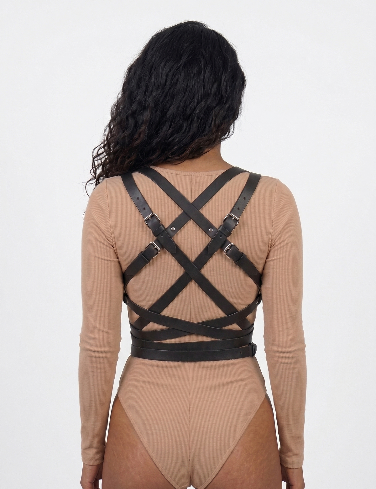 Wrap harness back view - faux leather X-cross back straps with buckle adjustments and wrap-around waist band