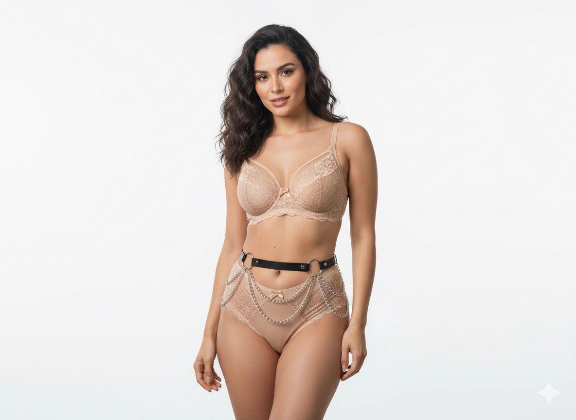 Black and silver-tone chain belt with layered hip drapes, second front worn view