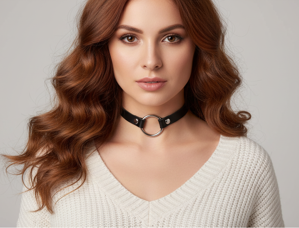 O-Ring Leather Choker Gothic BDSM Collar - front view