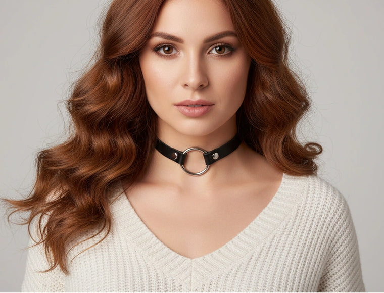 Black faux leather-look O-ring sub collar worn on a model, front view