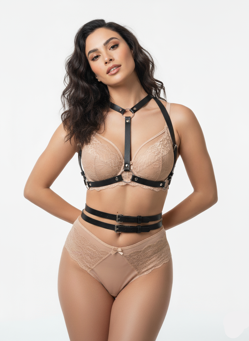 Harness belt for women - leather body harness belt worn over bra - back view