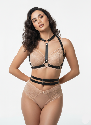 Harness belt for women - leather body harness belt worn over bra - back view