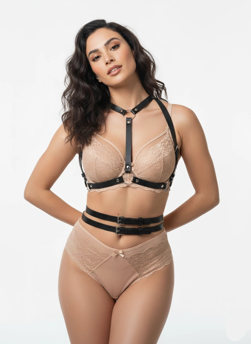 Harness belt for women - faux leather body harness belt worn over bra - back view