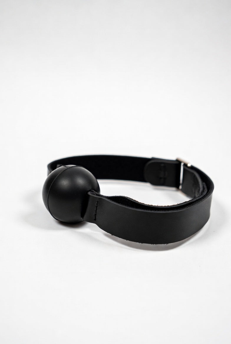 Leather strap ball gag with silicone mouth piece for BDSM play