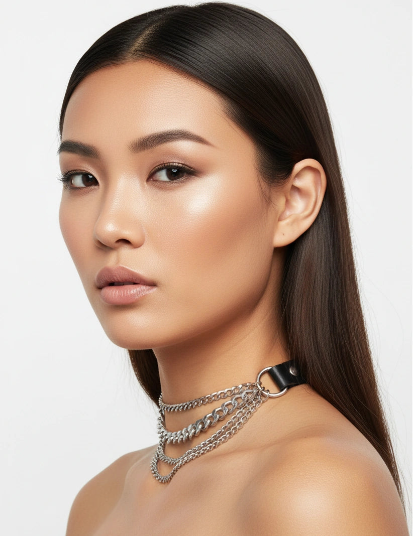 Red faux leather-look collar with three silver-tone chest chains, front view