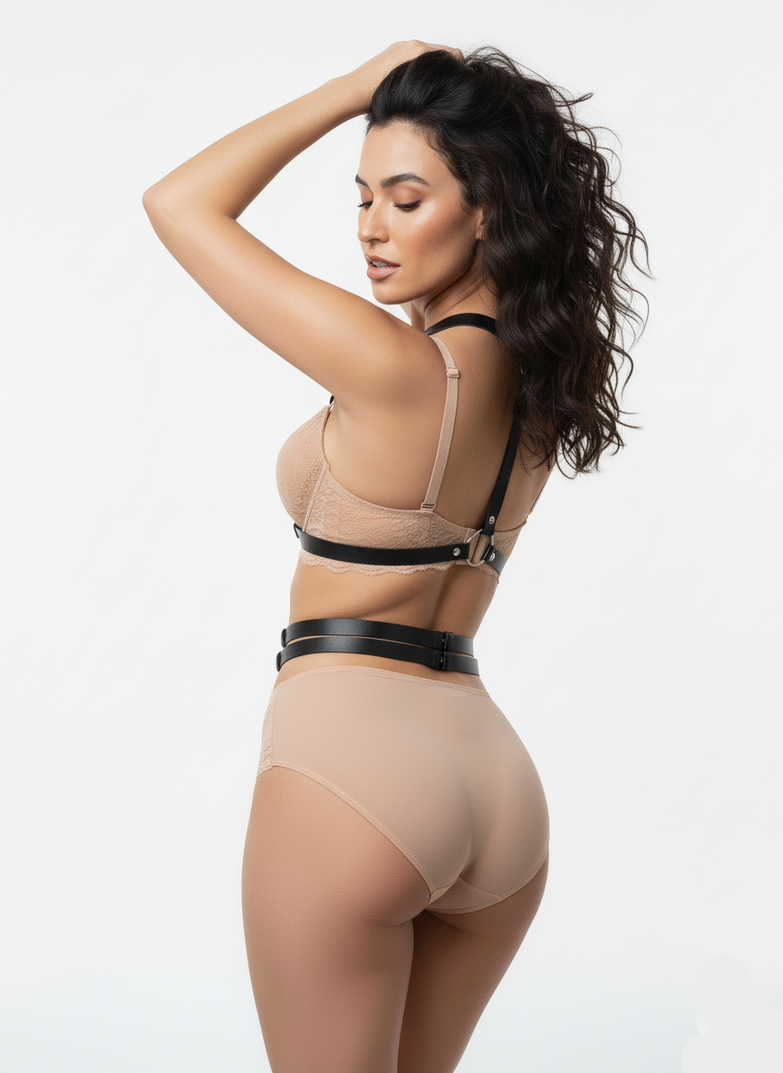 Harness belt for women - leather body harness belt worn over bra - back view