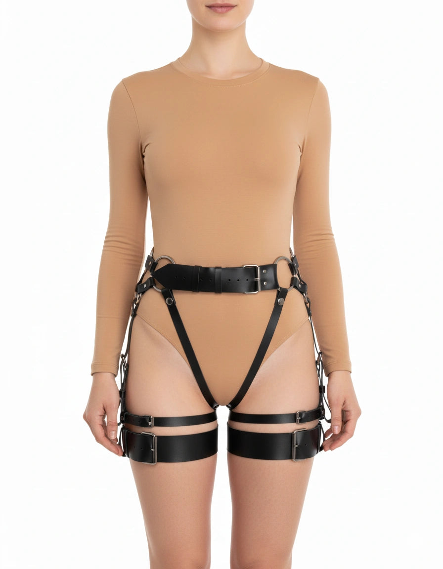 Leg harness faux leather - garter belt harness with thigh cuffs - front angle