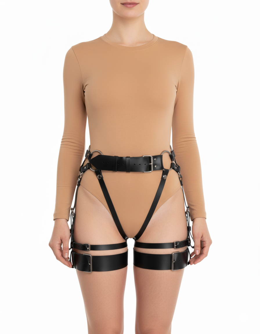 Leg harness leather - garter belt harness with thigh cuffs - front angle