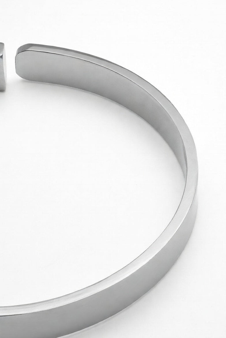 Locking steel collar side view showing the rigid metal choker profile