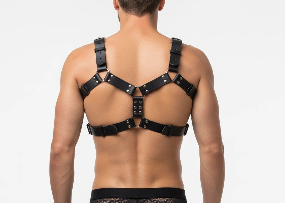 Men's black faux leather butterfly harness with broad X-back straps, rear view
