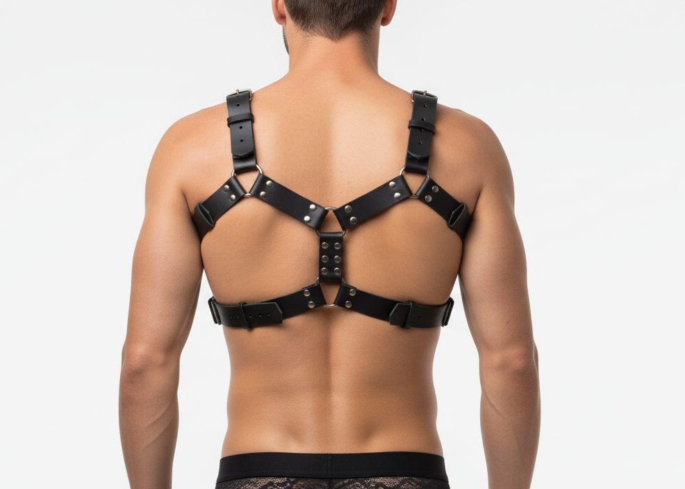Mens X-back leather harness - butterfly shoulder harness - back view showing X-shaped strap design with metal rivets