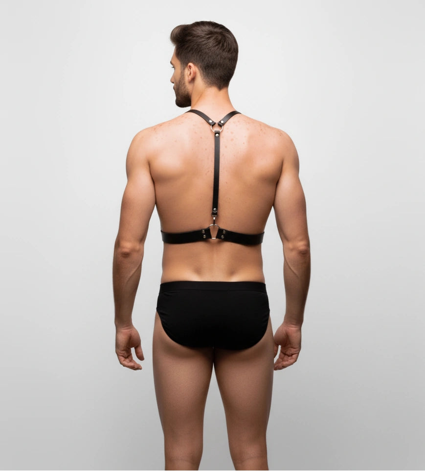 Men's black bulldog harness with converging Y-back straps, rear view