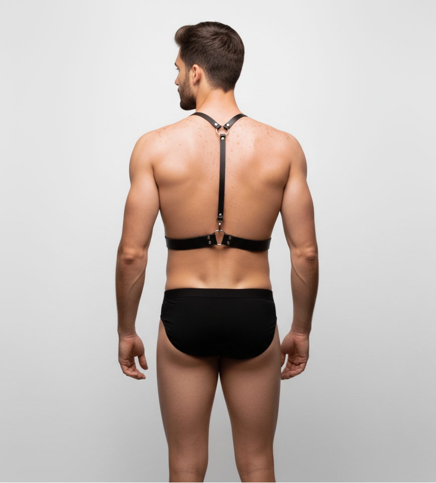  Mens classic bulldog leather harness back view showing Y-back design with thin adjustable straps and metal O-ring connector