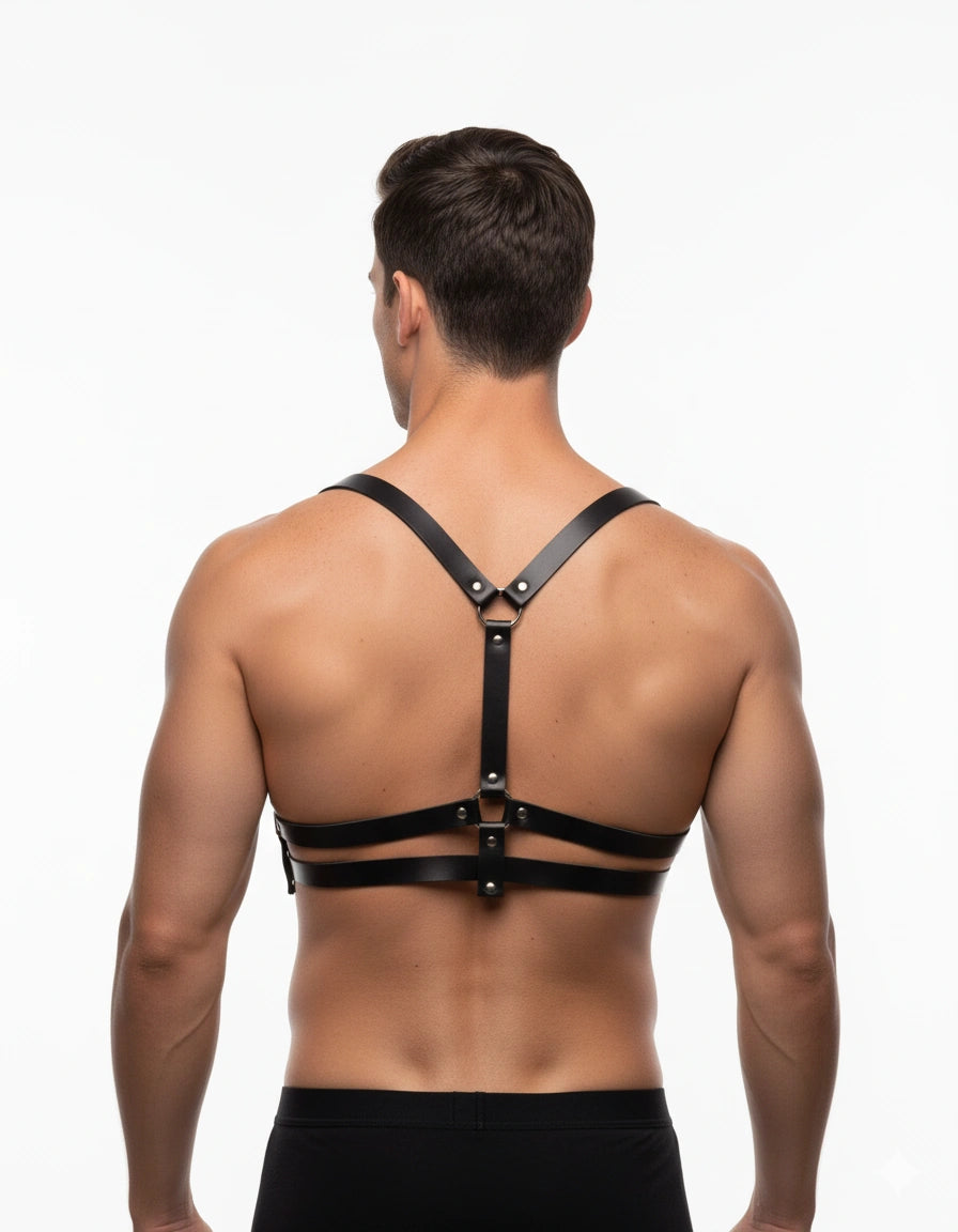 Men's black double-band harness with centered H-style rear straps, back view