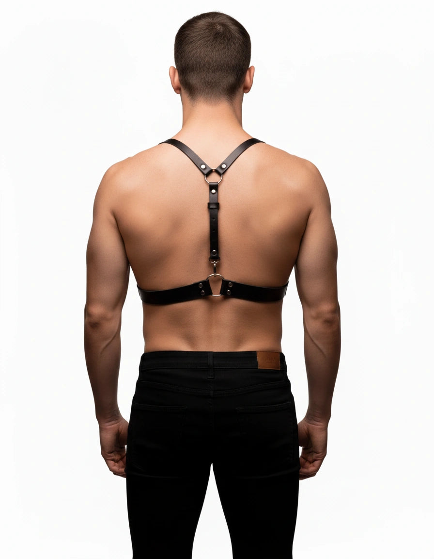 Men's faux leather suspender harness with converging Y-back straps, rear view
