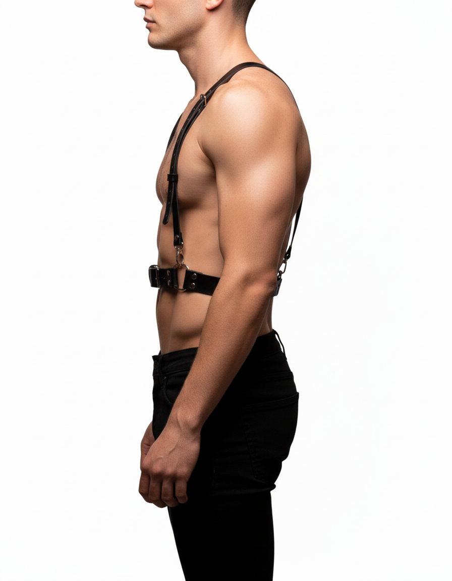 Mens leather suspender harness - Y-back shoulder strap body harness - side view showing adjustable straps and O-ring hardware