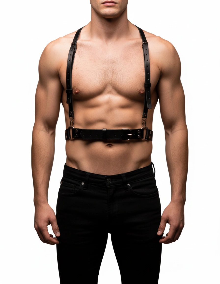 Men wearing a black faux leather suspender harness with chest band, front view