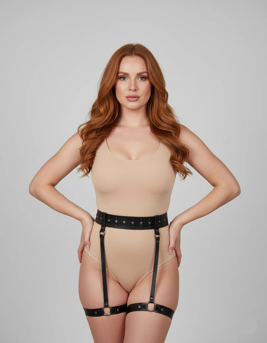Black faux leather waist belt with straight garter straps and thigh bands, full front view