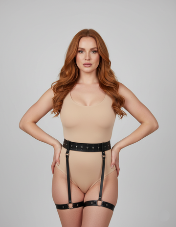 Waist to Thigh Harness Leather Belt with Leg Straps - front view