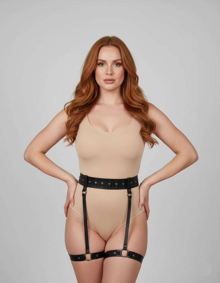 Black faux leather waist belt with straight garter straps and thigh bands, full front view