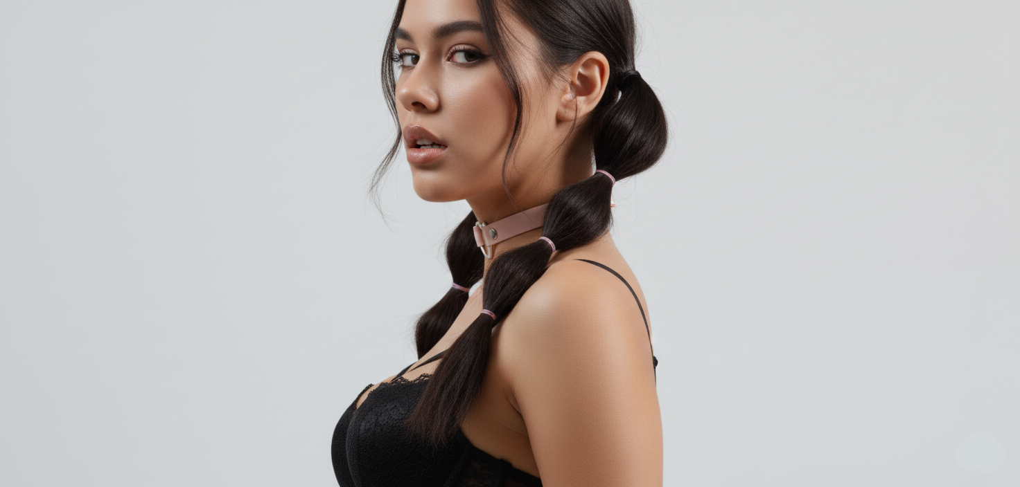 Pink leather heart choker collar side profile view showing heart ring and leather strap