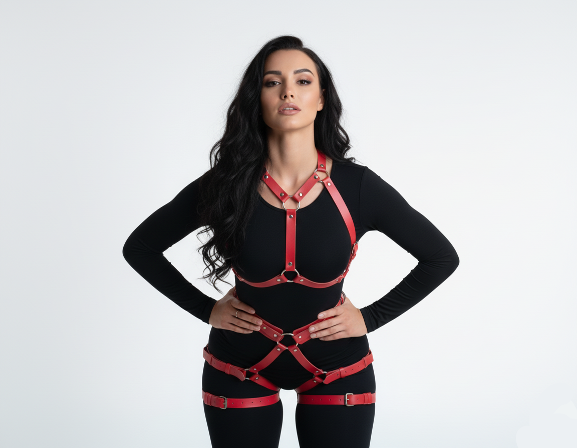 Red_leather_body_harness_full_body_leg_and_booty_harness_-_front_view_on_model
