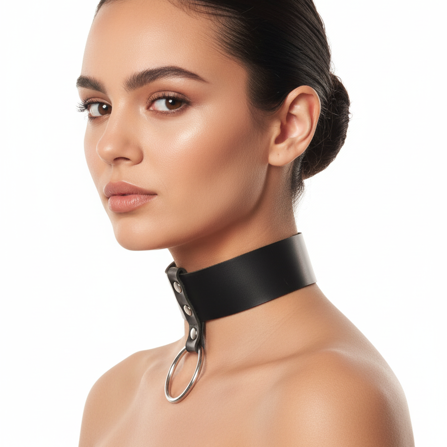 O-Ring Collar with Chain Gothic Leather Collar Set - front view
