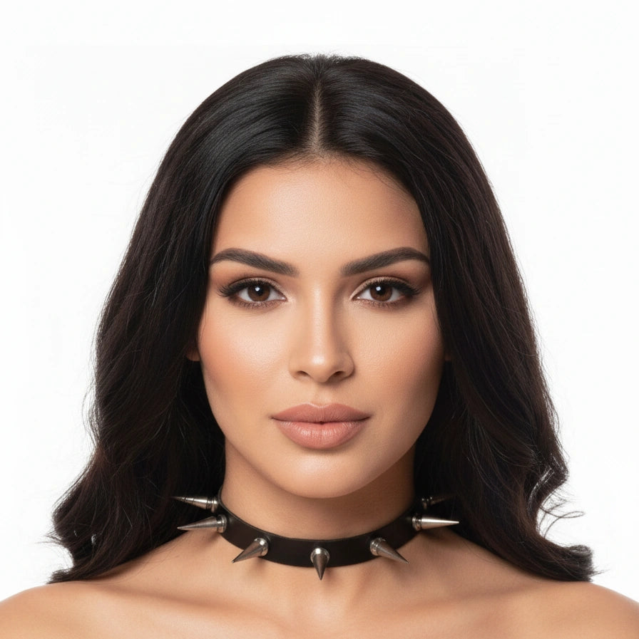 Black spiked choker showing rows of silver-tone pyramid studs, side view