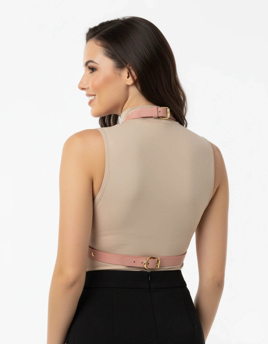 Womens faux leather harness top - fashion harness vest with O-ring details - back view