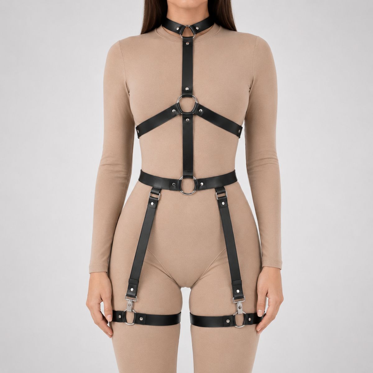Body and thigh harness set - front view showing choker, O-ring chest frame, waist belt and clip-on garter straps to thigh bands
